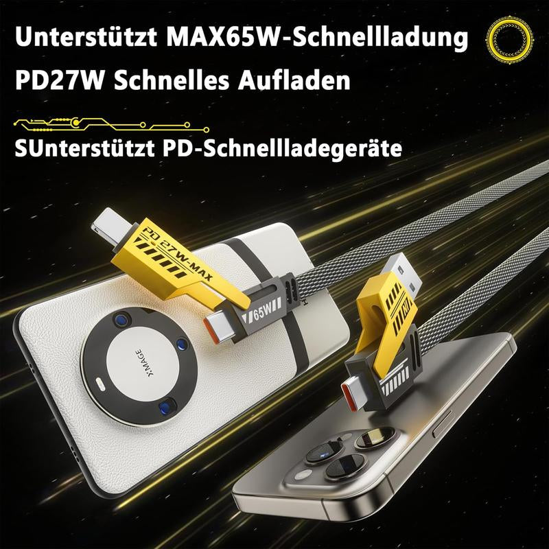 2 X 4 in 1 Multi Fast Charging Cable, Dual Charger, USB-C Cable, Lightning, 65W Fast Charge, 3.4Ft with Hook-And-Loop Fastener, Compatible with Iphone, Samsung, and More Durable Android