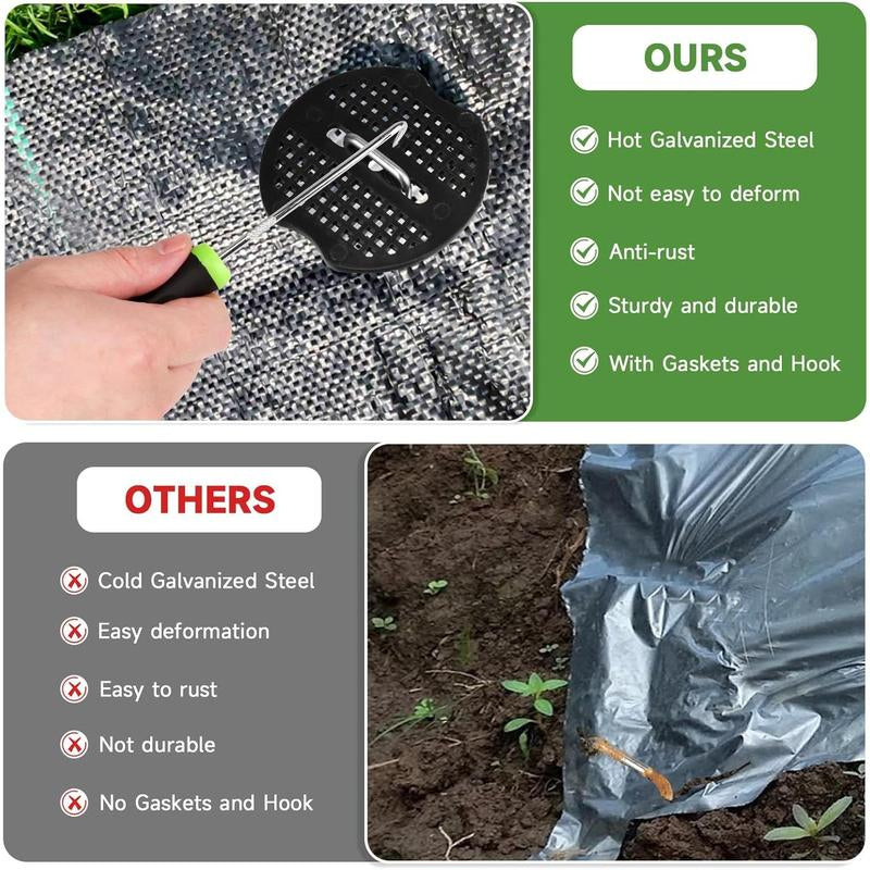 Landscape Staples Set,6 Inch 11 Gauge 50Pcs Galvanized Garden Stakes + 50Pcs Gaskets + 1Pick Hook,U-Shaped Tent Stakes Landscaping Fabric SOD Pins for Weed Fabric Barrier,Groud Cover,Fence