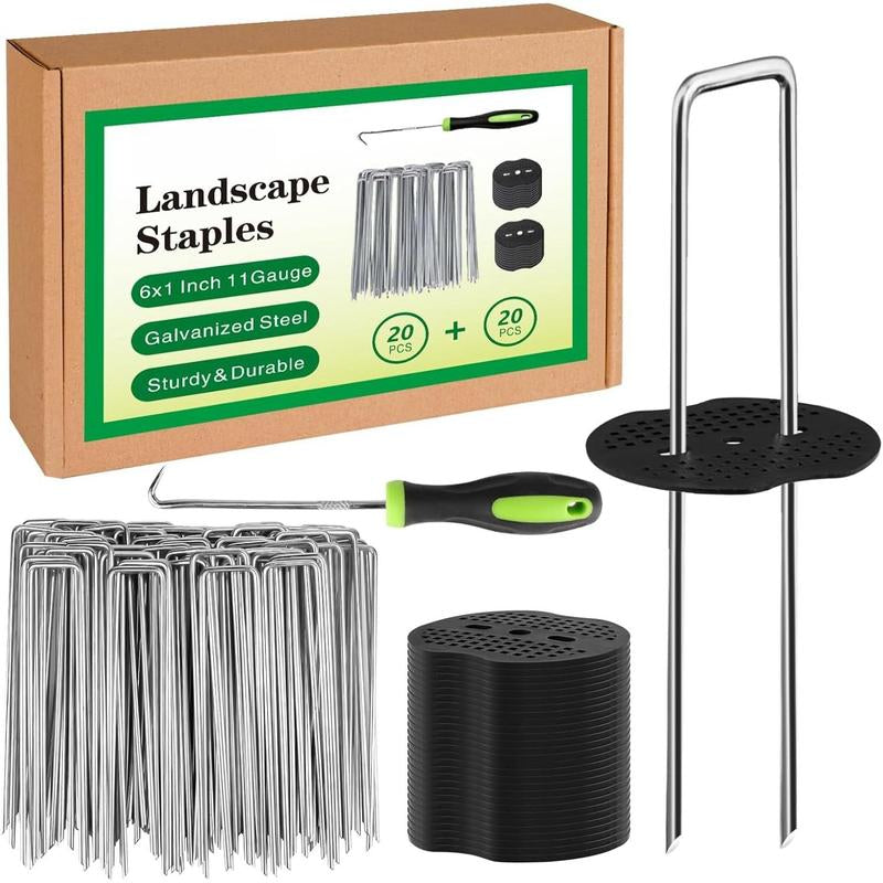 Landscape Staples Set,6 Inch 11 Gauge 50Pcs Galvanized Garden Stakes + 50Pcs Gaskets + 1Pick Hook,U-Shaped Tent Stakes Landscaping Fabric SOD Pins for Weed Fabric Barrier,Groud Cover,Fence