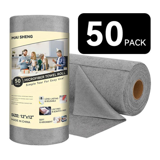 Microfiber Cleaning Cloth Towel Roll, 50 Pack, 12" X 12", Reusable Paper Towel Tear-Off Cloth, Microfiber Towel for Car, Face Towel, Lint-Free Rag for Home, Kitchen, Window, Household Items, Washable, Scratch-Free Absorbent Garage