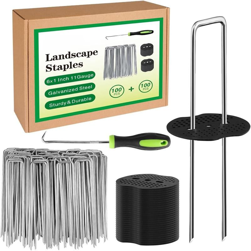 Landscape Staples Set,6 Inch 11 Gauge 50Pcs Galvanized Garden Stakes + 50Pcs Gaskets + 1Pick Hook,U-Shaped Tent Stakes Landscaping Fabric SOD Pins for Weed Fabric Barrier,Groud Cover,Fence