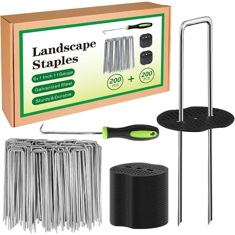 Landscape Staples Set,6 Inch 11 Gauge 50Pcs Galvanized Garden Stakes + 50Pcs Gaskets + 1Pick Hook,U-Shaped Tent Stakes Landscaping Fabric SOD Pins for Weed Fabric Barrier,Groud Cover,Fence