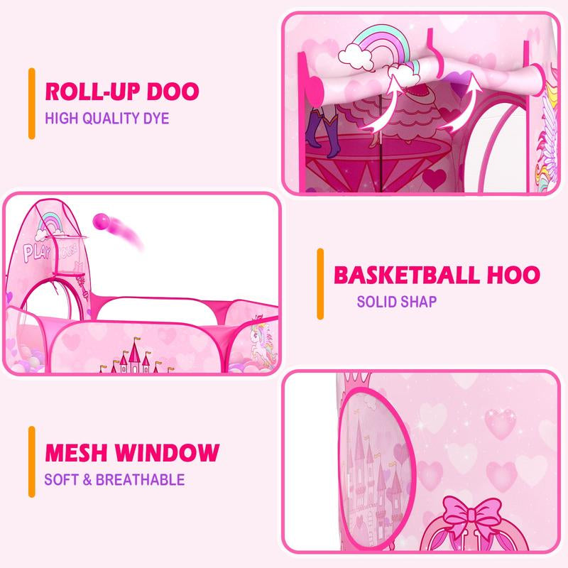 Sumbababy 3PC Princess Tent for Girls with Kids Ball Pit & Crawl Tunnel Pink Pop up Playhouse Toys Indoor Outdoor Birthday Christmas Gifts Inflatable Bounce House