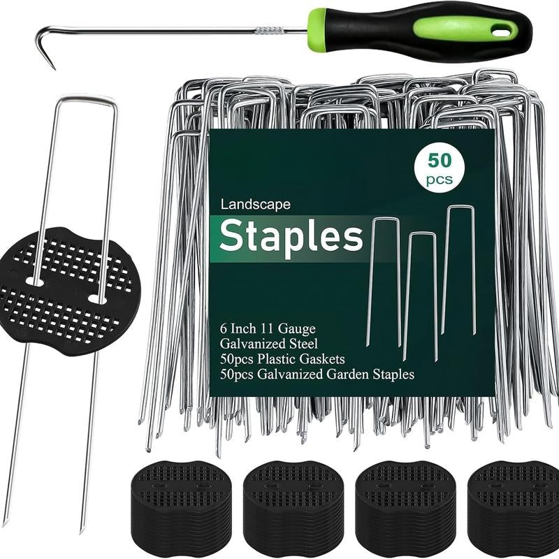 Landscape Staples Set,6 Inch 11 Gauge 50Pcs Galvanized Garden Stakes + 50Pcs Gaskets + 1Pick Hook,U-Shaped Tent Stakes Landscaping Fabric SOD Pins for Weed Fabric Barrier,Groud Cover,Fence