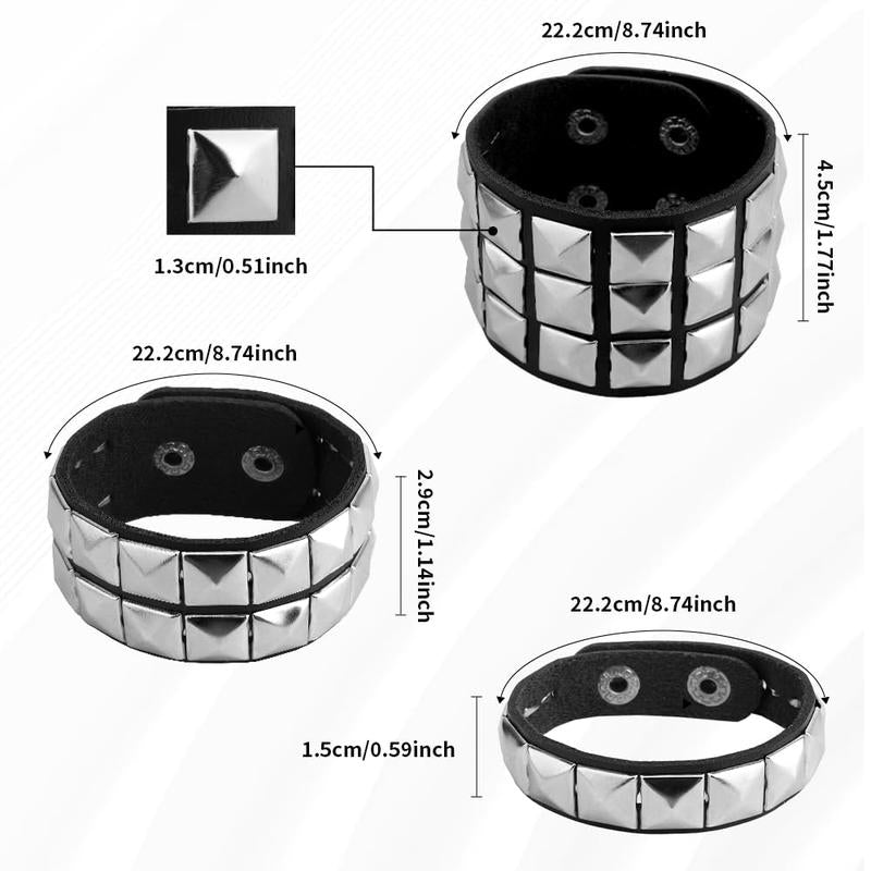 Halloween Leather Punk 3 Pieces for Men and Women 80S Goth Rock Wristband Cuff Bangle Unisex Party Favors Accessories