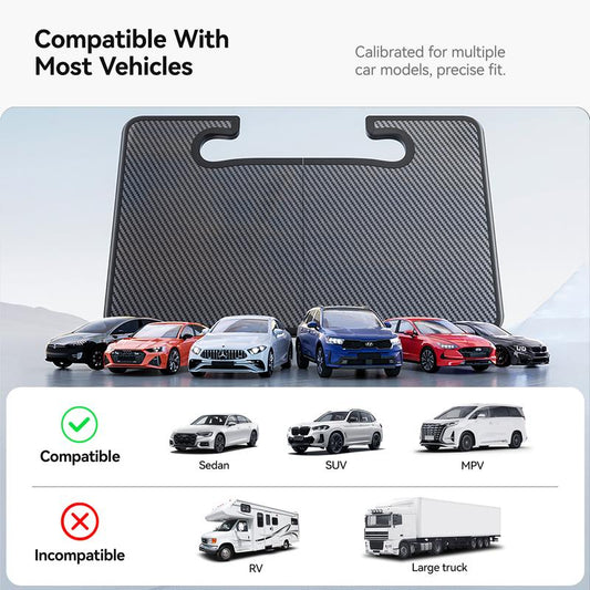 YONZEE 2-In-1 Car Steering Wheel Desk Tray & Car Seat Gap Filler Organizer – Foldable Carbon Fiber Look Table for Laptop, Eating, Writing – Universal Fit for Most Vehicles