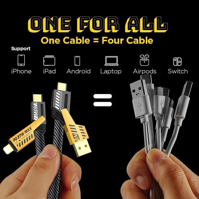 2 X 4 in 1 Multi Fast Charging Cable, Dual Charger, USB-C Cable, Lightning, 65W Fast Charge, 3.4Ft with Hook-And-Loop Fastener, Compatible with Iphone, Samsung, and More Durable Android