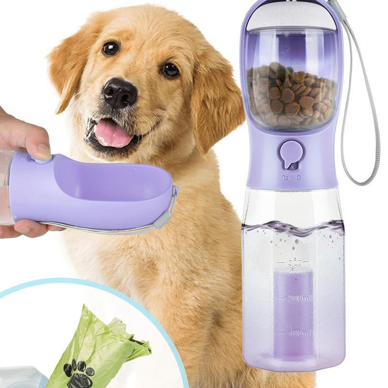 Portable Water Bottle for Dogs, 3 in 1 Pet Travel Bowl Dispenser with Food Treat Container & Poop Bag Holder, Summer Outdoor Walking Hiking Accessories for Large Dog on the Go - Blue, 20Oz