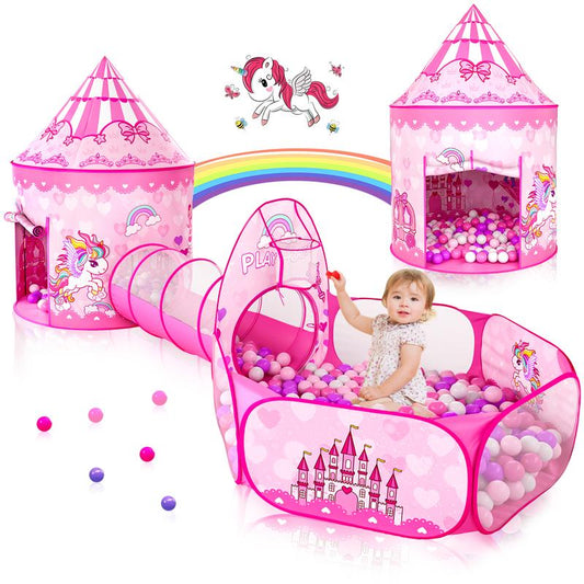 Sumbababy 3PC Princess Tent for Girls with Kids Ball Pit & Crawl Tunnel Pink Pop up Playhouse Toys Indoor Outdoor Birthday Christmas Gifts Inflatable Bounce House