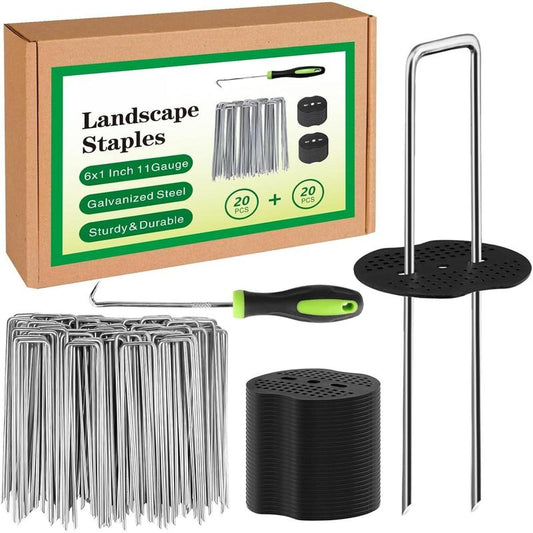 Landscape Staples Set,6 Inch 11 Gauge 50Pcs Galvanized Garden Stakes + 50Pcs Gaskets + 1Pick Hook,U-Shaped Tent Stakes Landscaping Fabric SOD Pins for Weed Fabric Barrier,Groud Cover,Fence