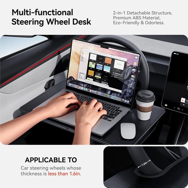 YONZEE 2-In-1 Car Steering Wheel Desk Tray & Car Seat Gap Filler Organizer – Foldable Carbon Fiber Look Table for Laptop, Eating, Writing – Universal Fit for Most Vehicles