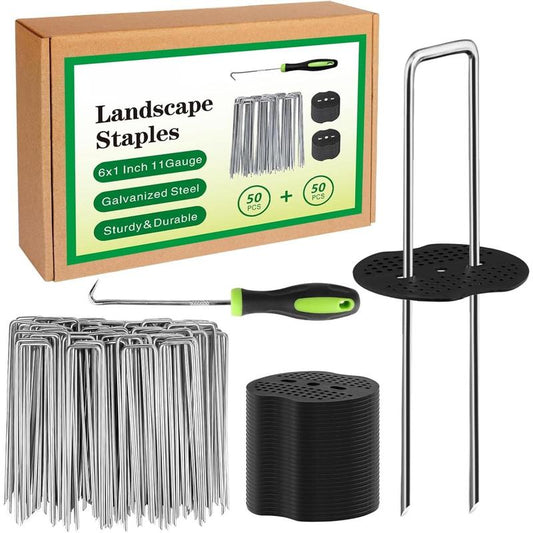 Landscape Staples Set,6 Inch 11 Gauge 50Pcs Galvanized Garden Stakes + 50Pcs Gaskets + 1Pick Hook,U-Shaped Tent Stakes Landscaping Fabric SOD Pins for Weed Fabric Barrier,Groud Cover,Fence