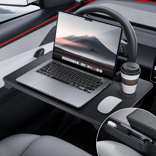 YONZEE 2-In-1 Car Steering Wheel Desk Tray & Car Seat Gap Filler Organizer – Foldable Carbon Fiber Look Table for Laptop, Eating, Writing – Universal Fit for Most Vehicles