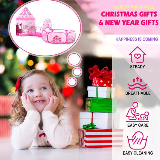 Sumbababy 3PC Princess Tent for Girls with Kids Ball Pit & Crawl Tunnel Pink Pop up Playhouse Toys Indoor Outdoor Birthday Christmas Gifts Inflatable Bounce House