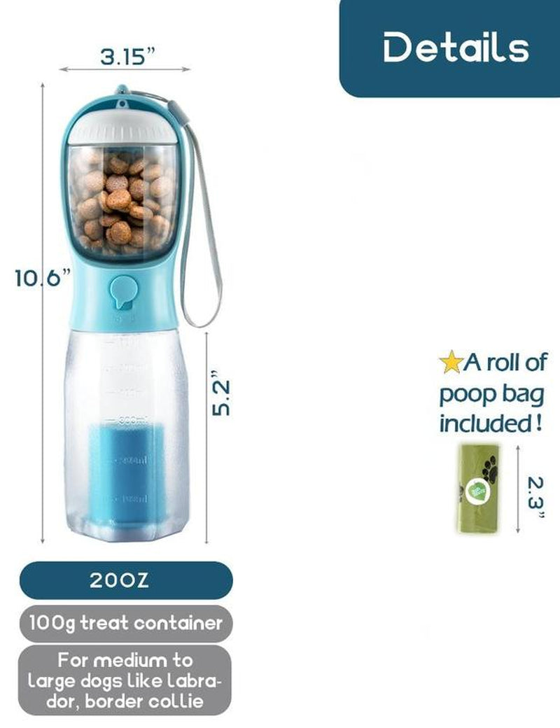 Portable Water Bottle for Dogs, 3 in 1 Pet Travel Bowl Dispenser with Food Treat Container & Poop Bag Holder, Summer Outdoor Walking Hiking Accessories for Large Dog on the Go - Blue, 20Oz