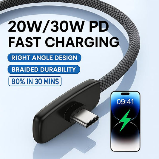 20W/30W PD Fast Charging Cable for Iphone 6-14 & Android Type-C Right Angle Design Braided Durable Data Transfer Cables