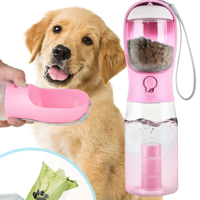 Portable Water Bottle for Dogs, 3 in 1 Pet Travel Bowl Dispenser with Food Treat Container & Poop Bag Holder, Summer Outdoor Walking Hiking Accessories for Large Dog on the Go - Blue, 20Oz